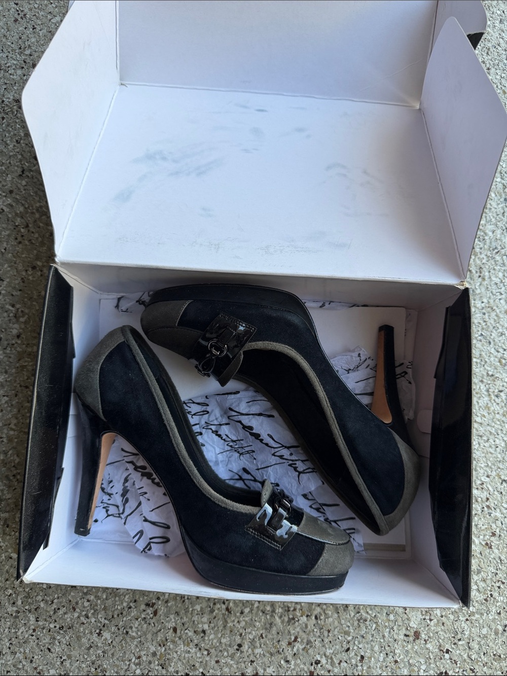 White House Black Market Black and Gray Suede Platform Stiletto Heels
